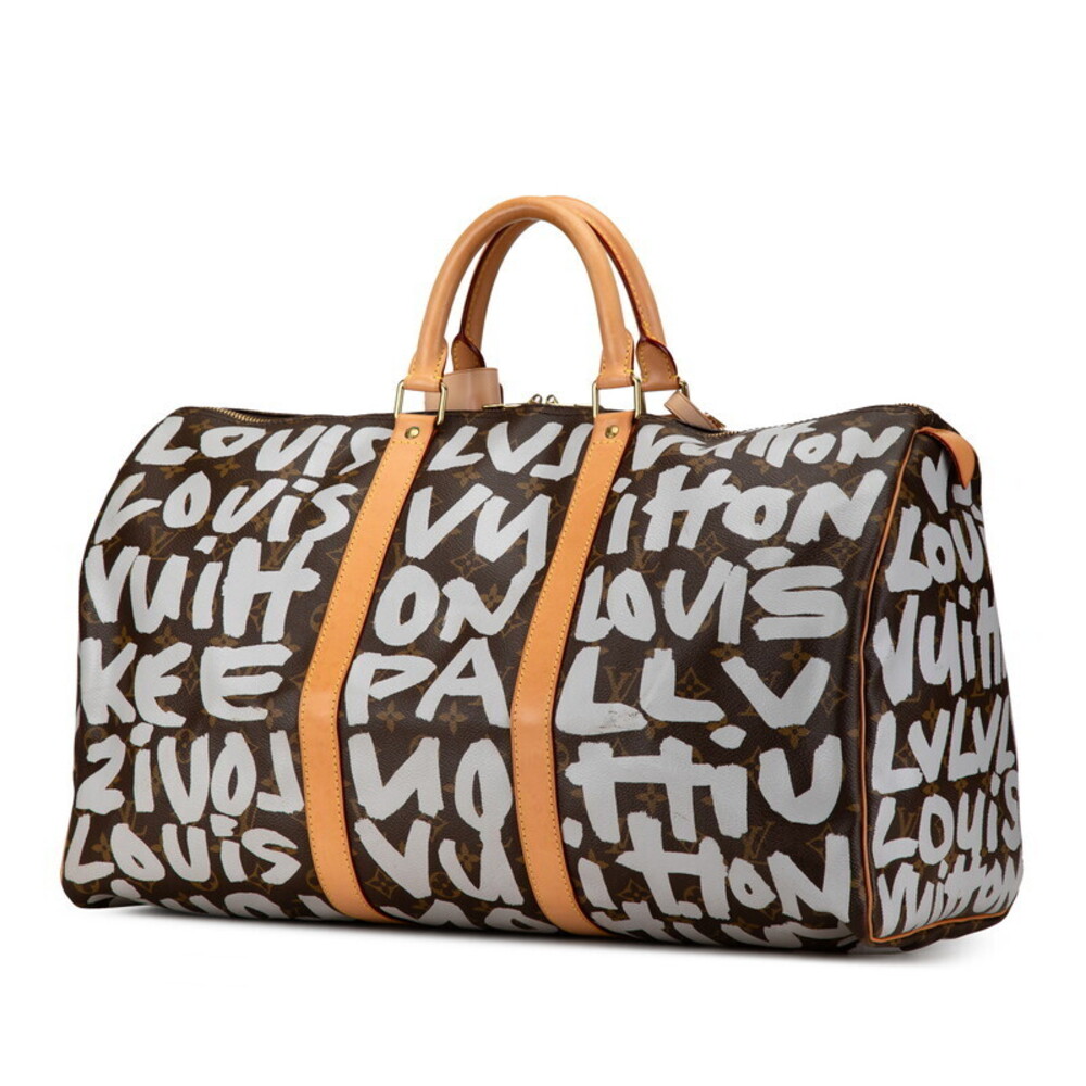 Louis Vuitton Boston Bag Graffiti Leather Monogram Brown Keepall Argent